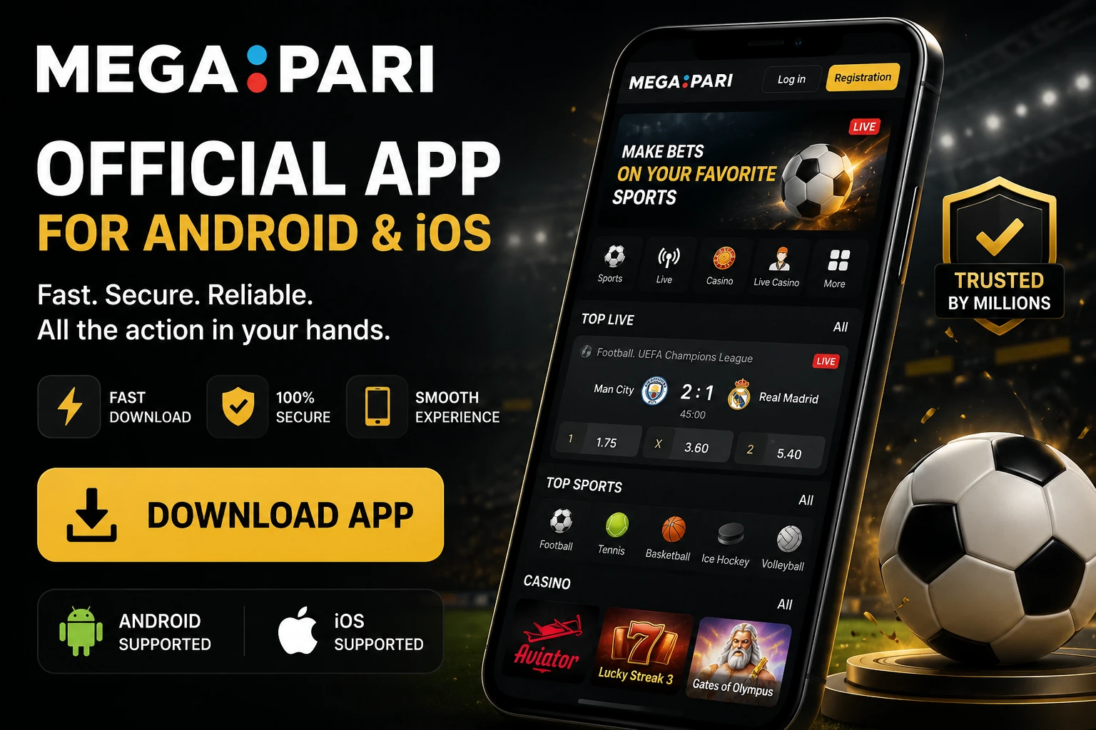 MegaPari mobile betting app shown on a smartphone