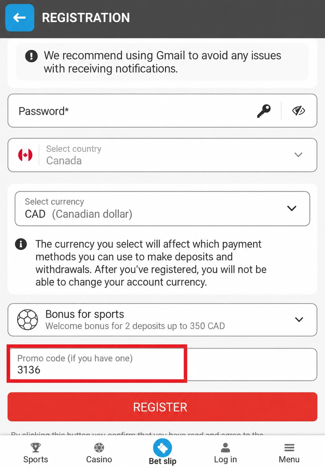 Where to enter MegaPari promo code 3136 during registration